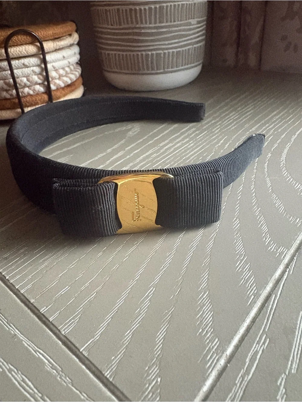 Salvatore Ferragamo Black Grosgrain Headband with Gold Plaque Bow